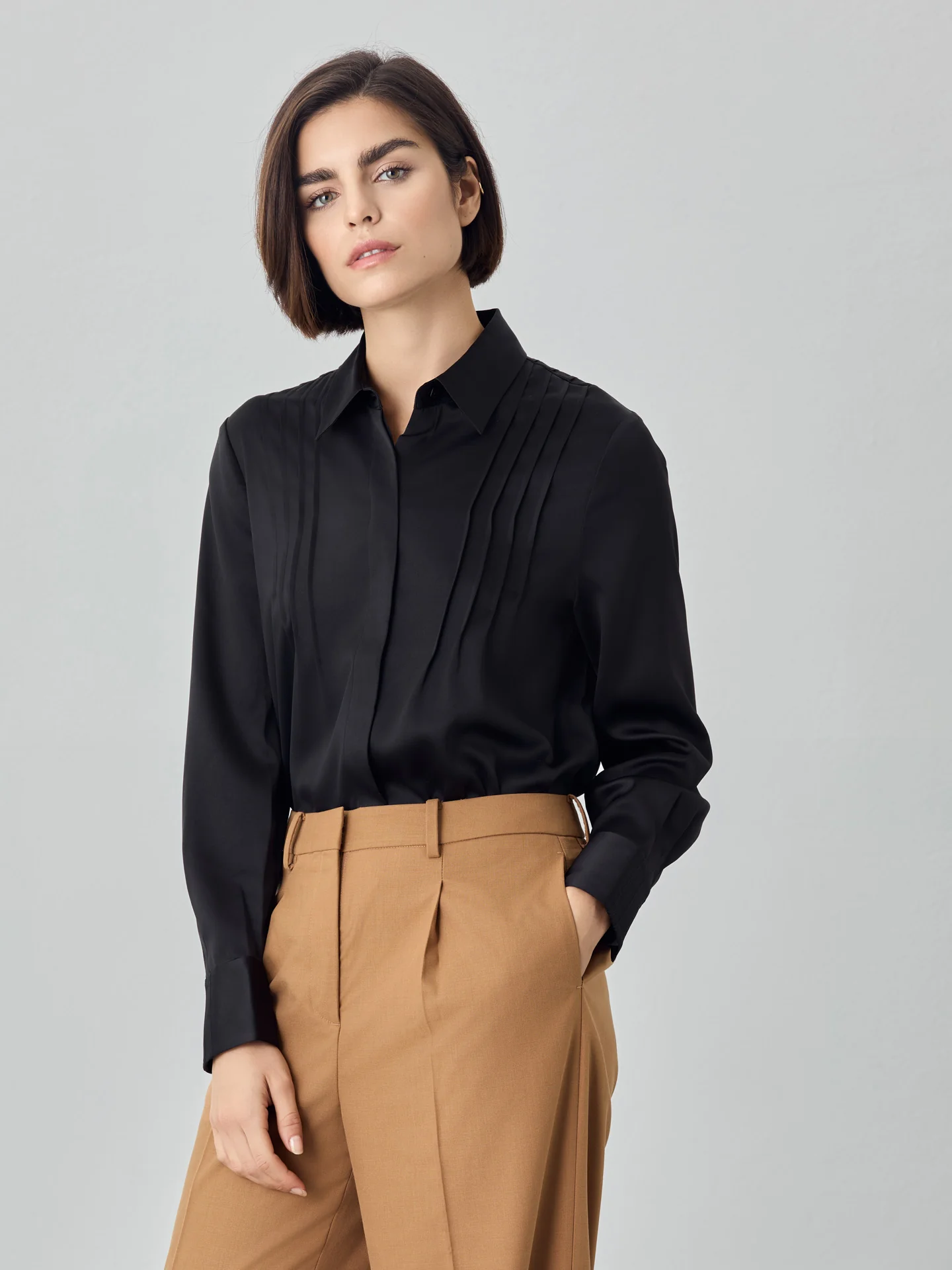 Blouse In Satin Fabric With Pleats Details - Image 4