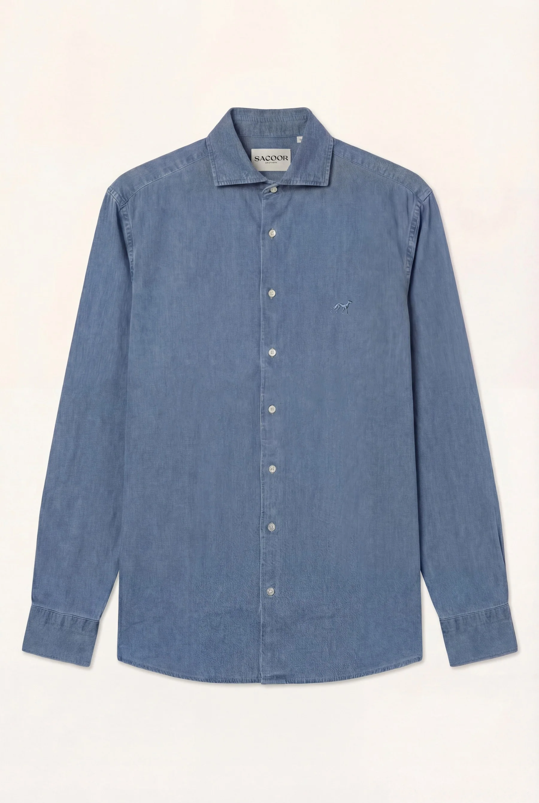 Slim Fit Jacquard Denim Shirt With Open Collar - Image 5
